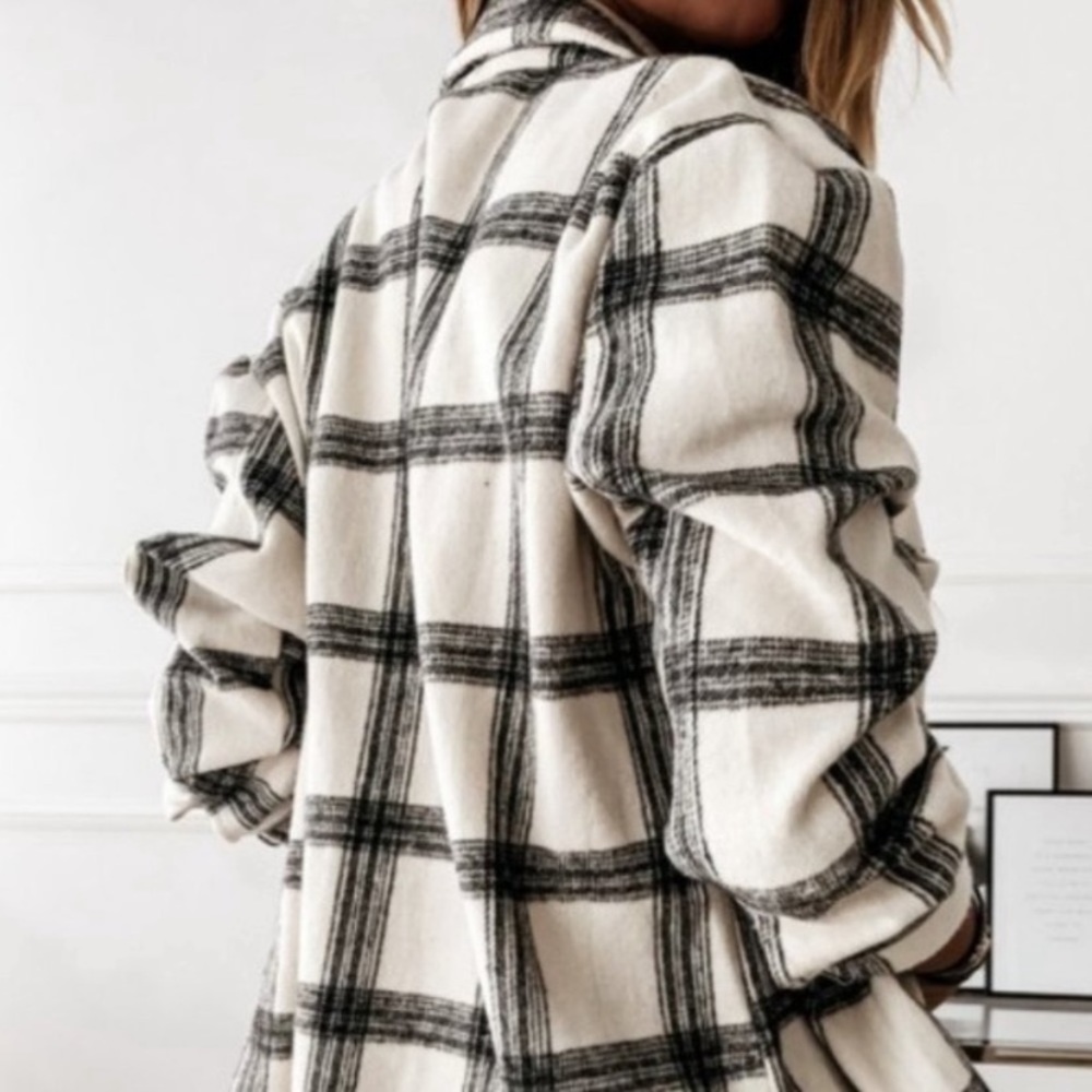 BLACK PLAID Black Plaid Flannel Oversized Shacket Shirt Jacket - Picture 2 of 7